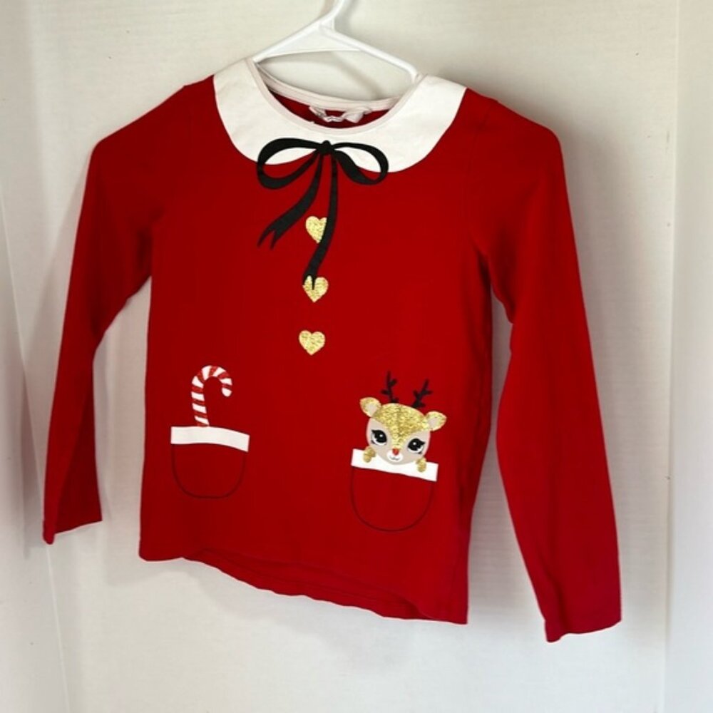 H&M red long sleeve girls Christmas shirt size 6-8 reindeer candy cane glitter